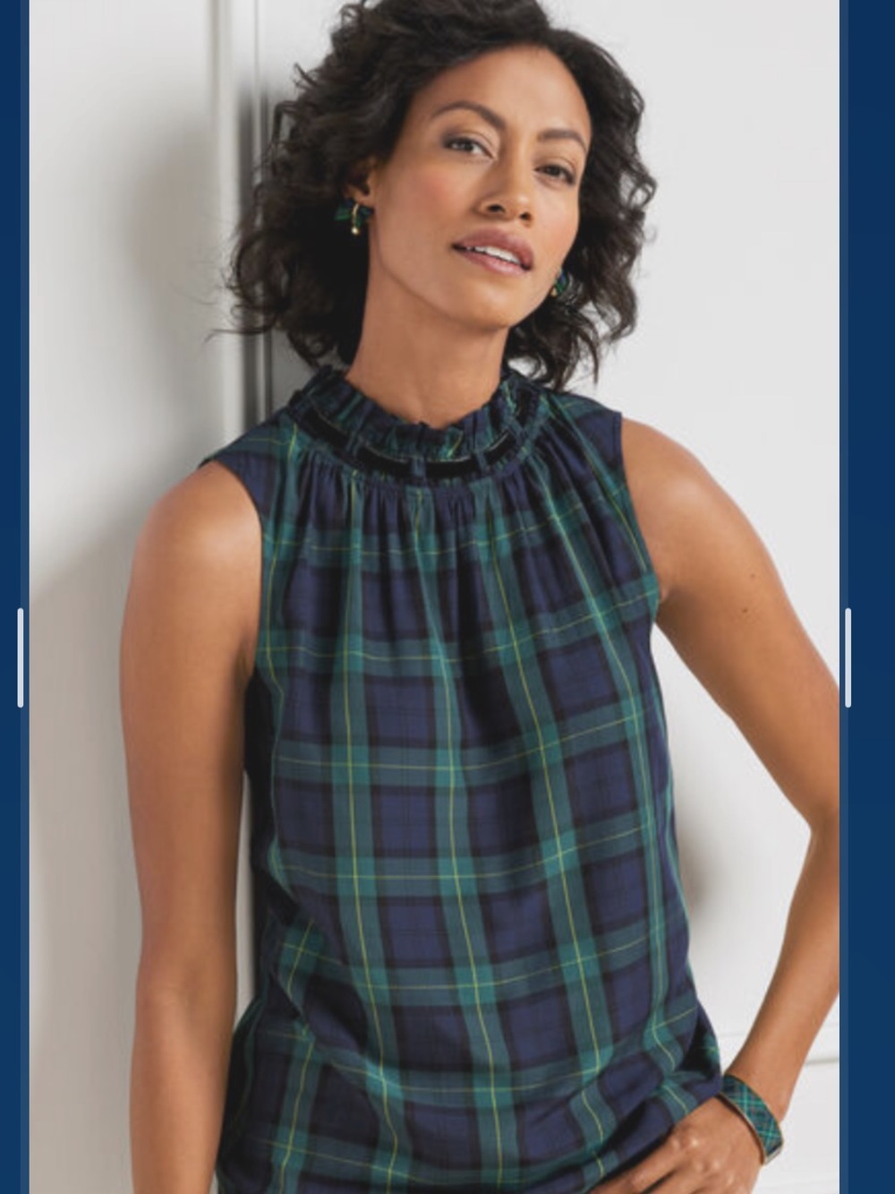 Talbots Velvet Trim Halter Top in Black Watch Tartan